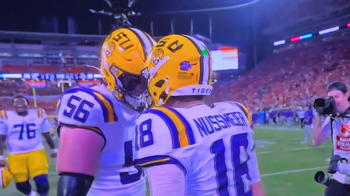 LSU quarterback Garrett Nussmeier, offensive lineman Josh Thompson