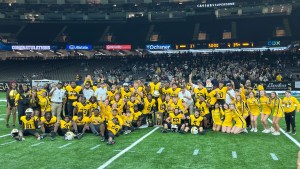 The Haynesville Golden Tornado celebrate their 2025 Division-IV Non-Select state championship.