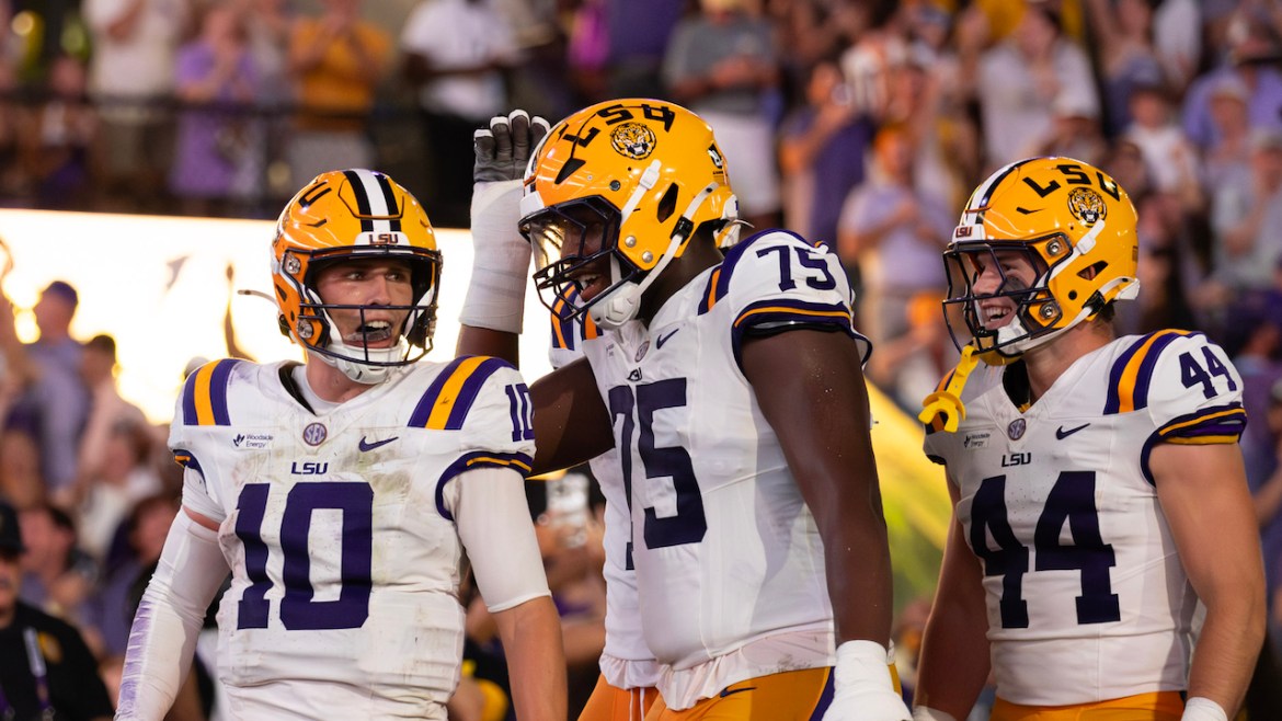 LSU quarterback Sam Leavitt, Weston Davis, Zach Grace